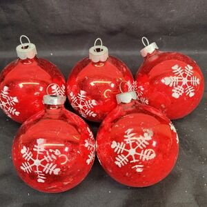 5 Shiny Brite Red‎ Glass Christmas Tree Ornaments Stenciled Mica Snowflake USA